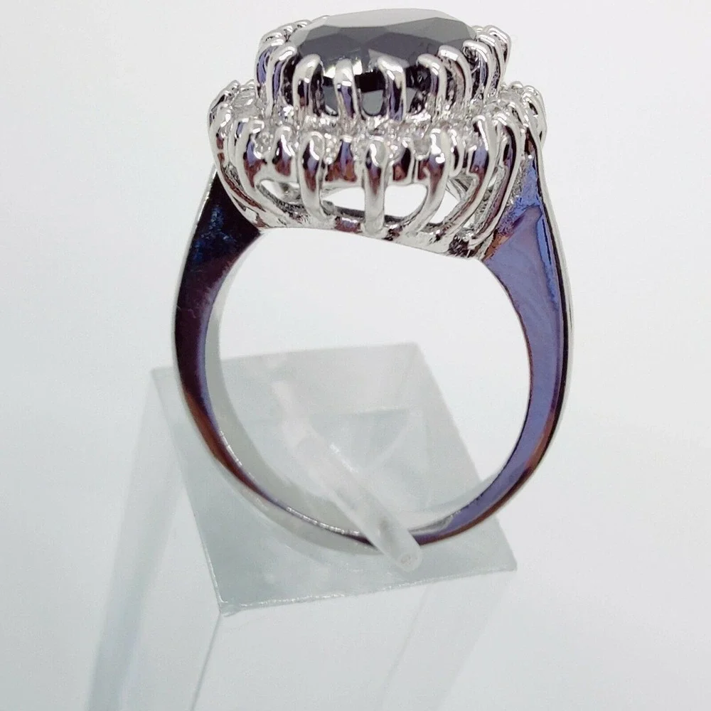 Oval Cut Black Gem CZ Halo Silver Tone Size 9 Statement Womens Cocktail‎ Ring